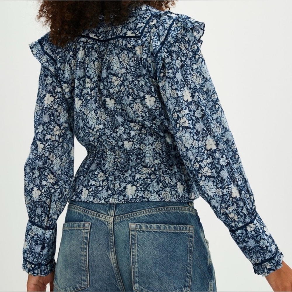 Free People Daybreak Printed Cotton Blouse in Chambray Combo Blue, Size M, NWOT - Picture 2 of 16